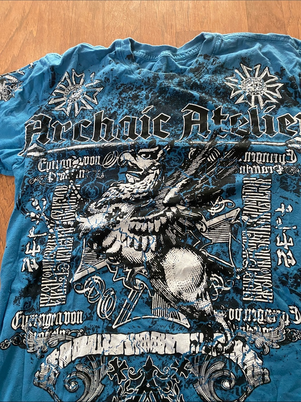 Affliction Men’s Graphic Short-Sleeve Tee in Turquoise with Black & White Print - Picture 3 of 4